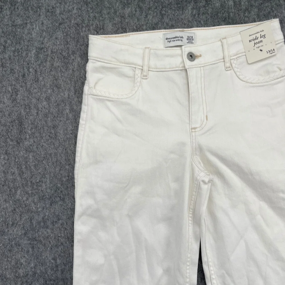 Abercrombie Wide Leg Jeans Kids 13/14 High Rise White Braided Pocket Trim New